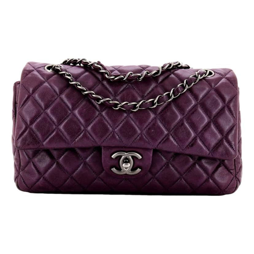 Chanel Chanel Classic Flap Shoulder Bag in Purple Soft Lambskin Leather with Chain Strap Purple Leather Good condition - Front View