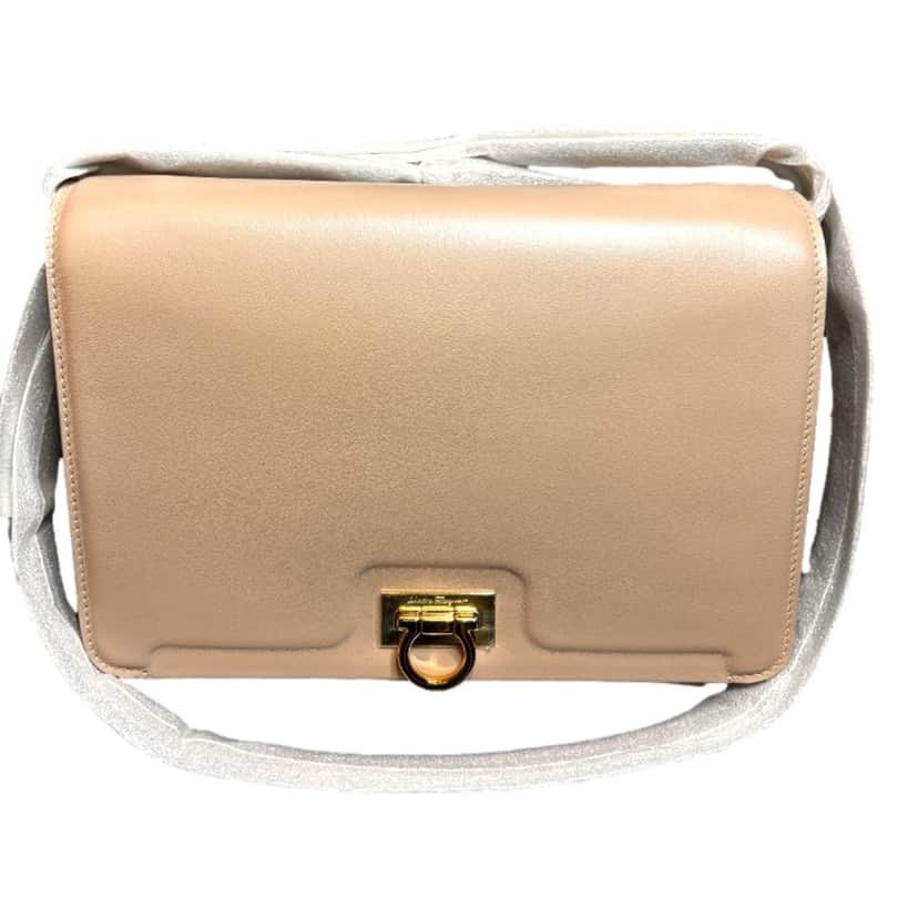 Salvatore Ferragamo Ferragamo Trifolio Soft Leather Flap Crossbody Bag Ameretti Beige Gold Hardware