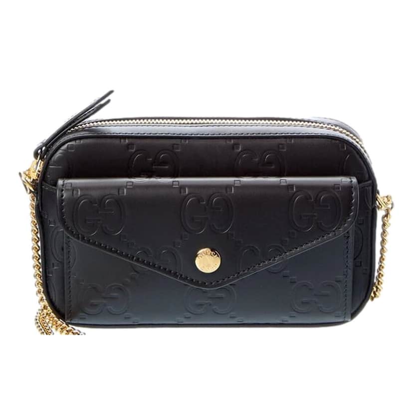 Gucci Gucci Gilbert Black Guccissima Leather Double Zip Camera Crossbody Bag Gold Chain Black Leather Never worn - Front View