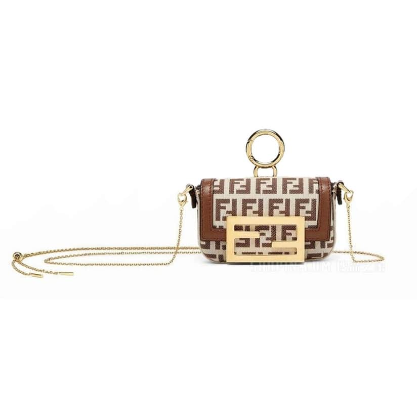 Fendi Fendi FF Canvas Nano Baguette Charm Crossbody Bag Brown White Gold Hardware Brown Leather Never worn - Front View
