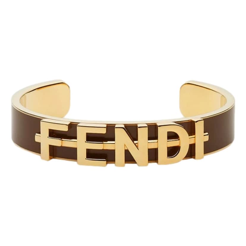 Fendi Fendi Fendigraphy Gold Tone Metal Brown Enamel Cuff Bracelet Yellow Never worn - Front View