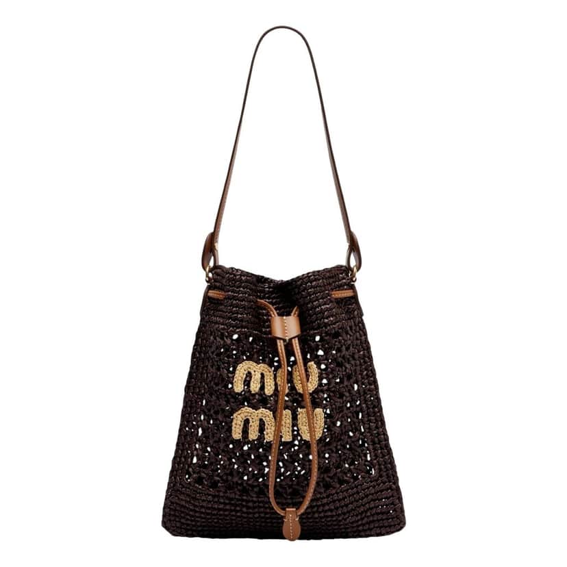 Miu Miu Miu Miu Woven Raffia Mini Bucket Bag in Chocolate Brown Brown Leather Never worn - Front View