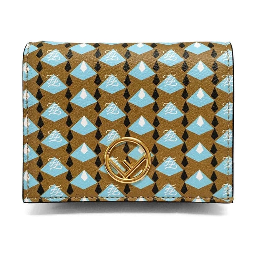 Fendi Fendi Calf Leather F Logo Blue Brown Small Bifold Wallet Brown Leather Good condition - Front View