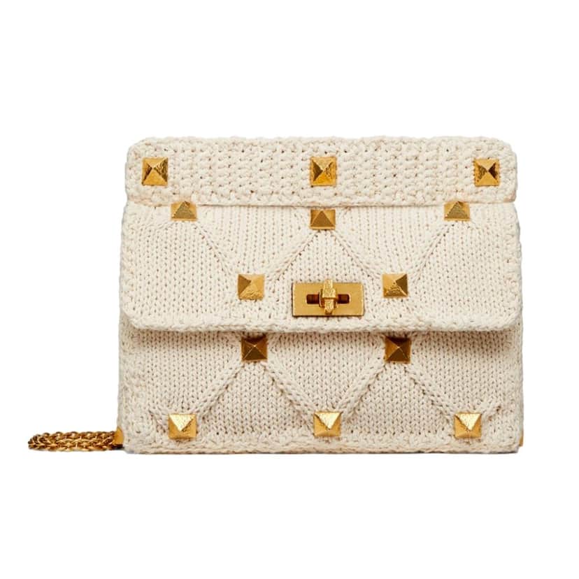 Valentino Garavani Valentino Garavani Roman Stud Large Shoulder Bag Ivory Knit Cashmere White Canvas Never worn - Front View