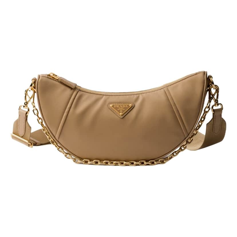 Prada Prada Demi Lune Re-Nylon Crescent Shoulder Bag in Beige Brown Never worn - Front View