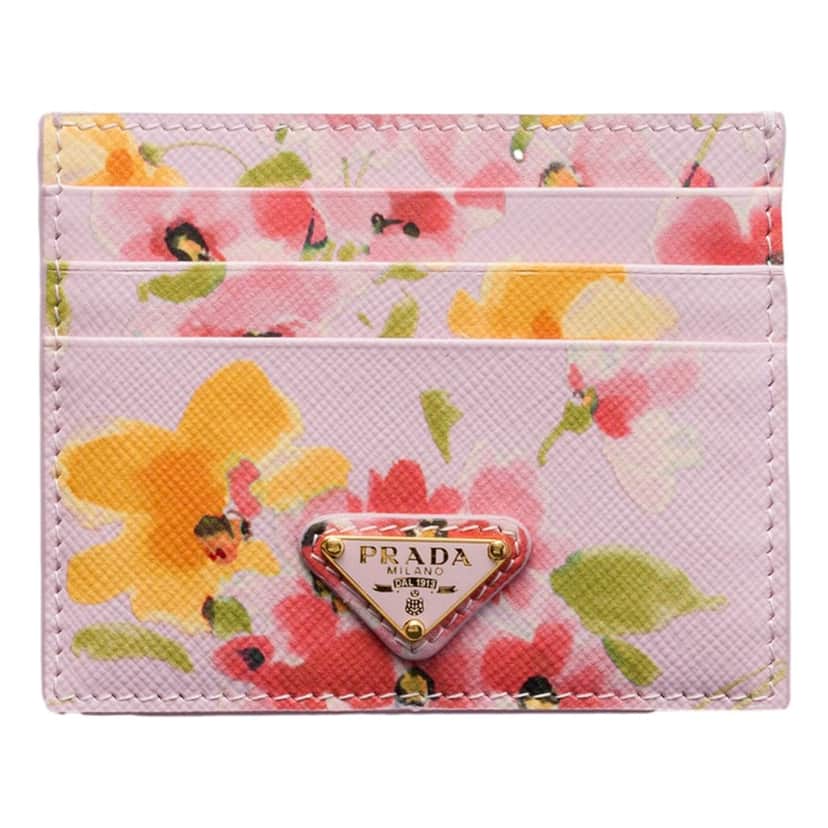 Prada Prada Floral Print Saffiano Leather Card Holder in Light Pink Pink Leather Never worn - Front View