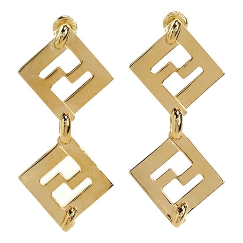Fendi Fendi Forever FF Gold Tone Metal Dangle Stud Earrings Yellow Never worn - Front View