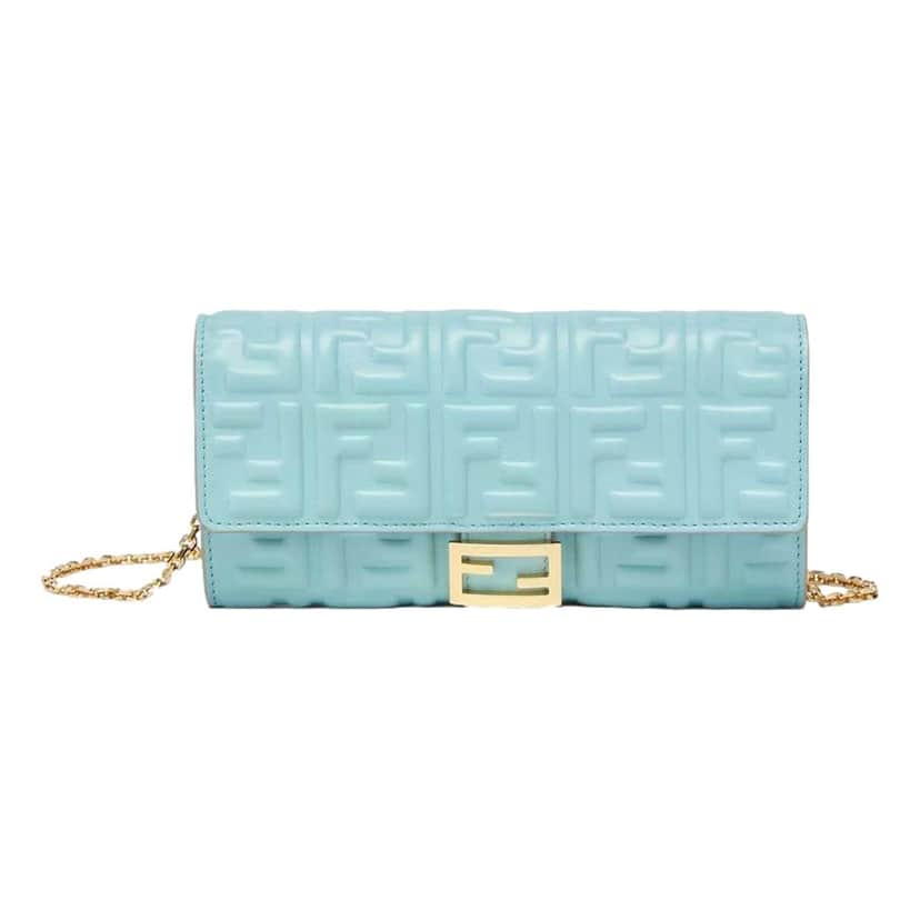 Fendi Fendi Baguette FF Embossed Lambskin Wallet on a Chain Crossbody in Light Blue Blue Leather Never worn - Front View