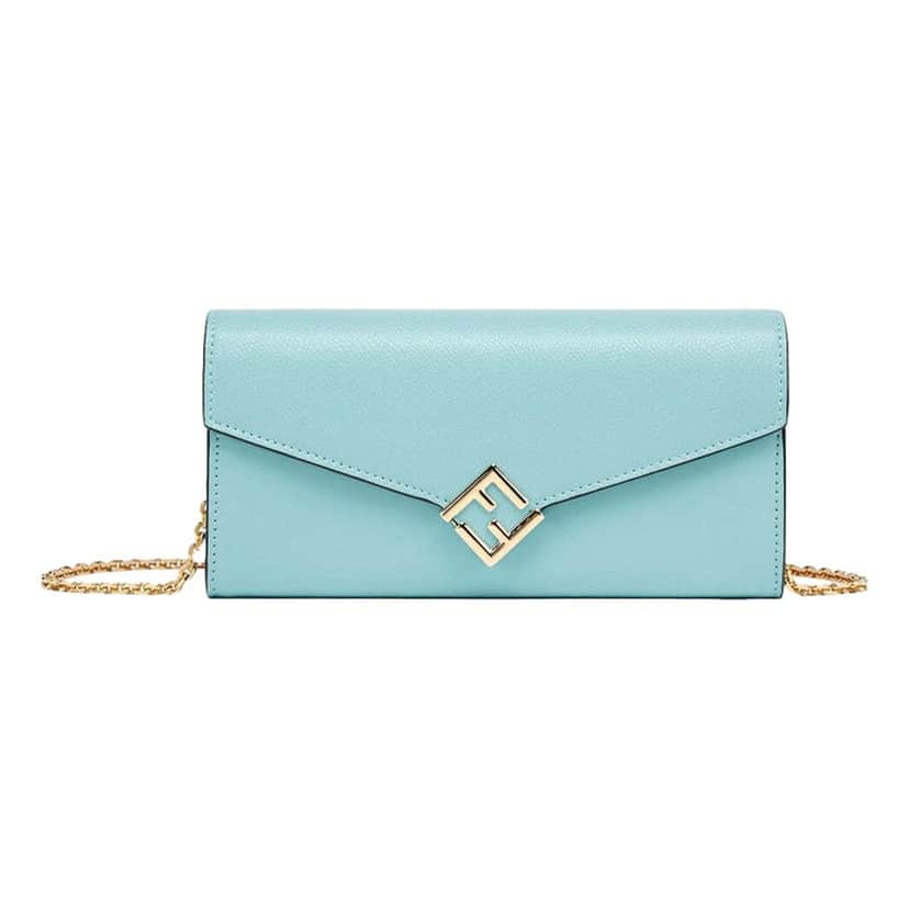 Fendi Fendi FF Diamonds Light Blue Calfskin Leather Continental Wallet on Chain Gold Hardware Blue Leather Never worn - Front View