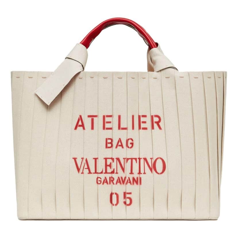Valentino Garavani Valentino Garavani 05 Plissé Edition Sac Atelier Large Canvas Tote Bag Beige Red Trim Beige Canvas Good condition - Front View