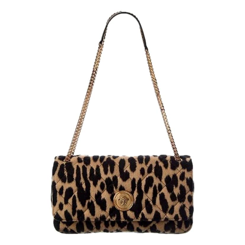 Versace Versace Leopard Print Wool Leather Shoulder Bag Gold Medallion Chain Strap Brown Wool Never worn - Front View