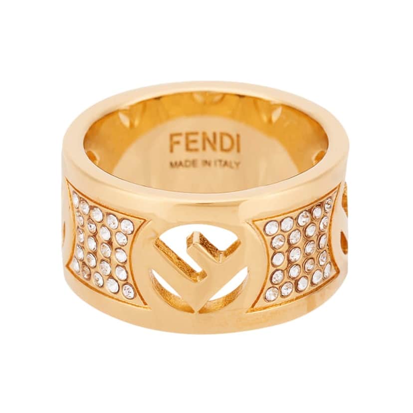 Fendi Fendi F is Fendi Logo Ring Wide Band Crystal Gold Metal Size Medium Gold Never worn - Front View