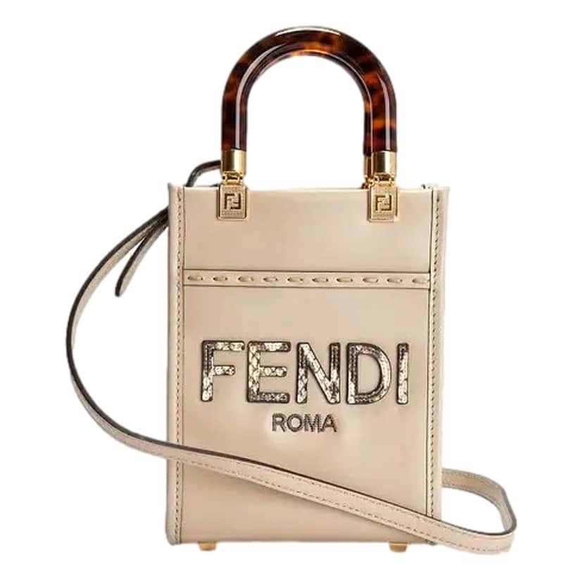 Fendi Fendi Mini Sunshine Shopper Tote Crossbody Nude Calfskin Snake Print Beige Leather Never worn - Front View