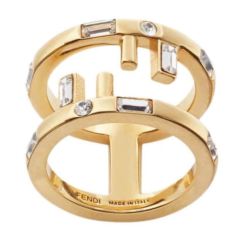 Fendi Fendi First Gold Finish Metal and White Crystal Small Fashion Ring Gold Never worn - Front View
