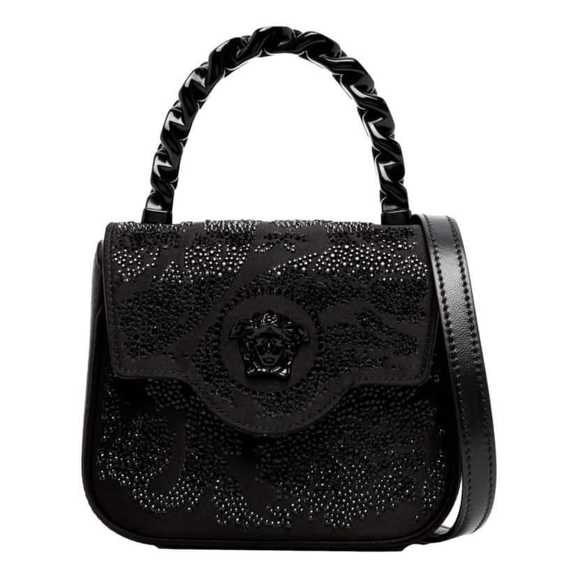 Versace Versace La Medusa Crystal Mini Top Handle Tote Crossbody Black Silk Black Leather Never worn - Front View