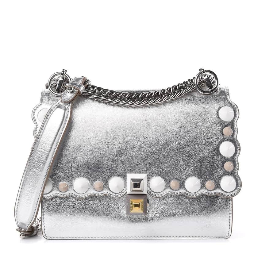 Fendi Fendi Kan I Metallic Silver Calfskin Scalloped Studded Bag Silver Leather Good condition - Front View
