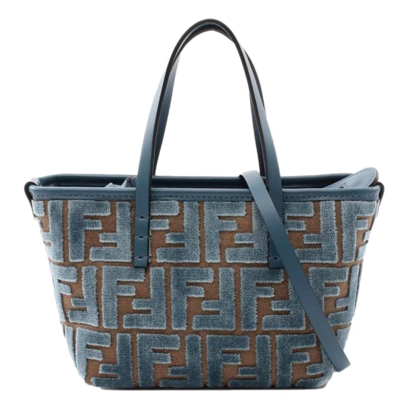 Fendi Fendi Mini Roll FF Shopping Tote Blue Brown Chenille Small Handbag Blue Leather Never worn - Front View