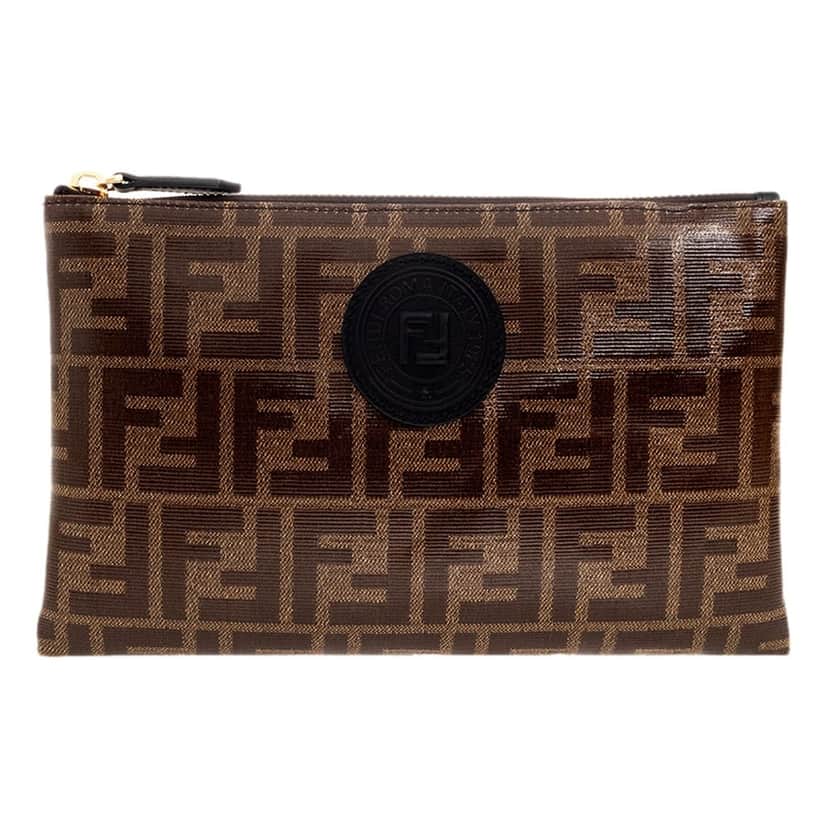 Fendi Fendi FF Zucca Brown Coated Canvas Flat Zipper Pouch Clutch Brown Canvas Never worn - Front View