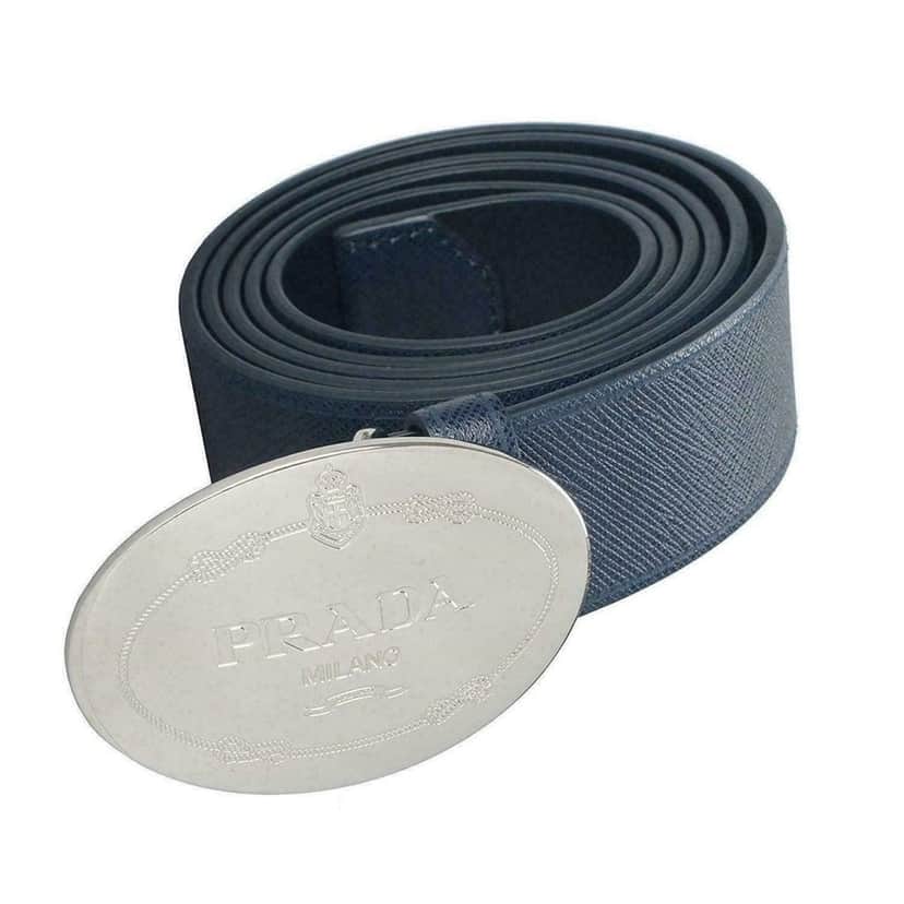 Prada Prada Mens Navy Saffiano Leather Belt  Silver Oval Buckle Belt Size 90/36 Navy Canvas Good condition - Front View