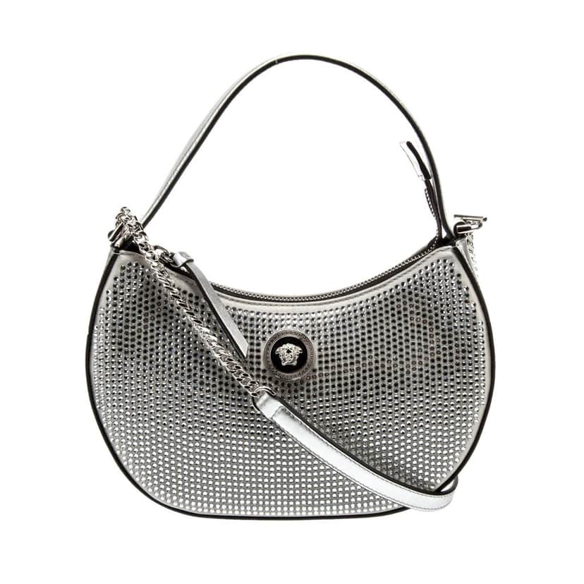 Versace Versace La Medusa Crystal Half Moon Hobo Shoulder Crossbody Bag Silver Silver Leather Never worn - Front View