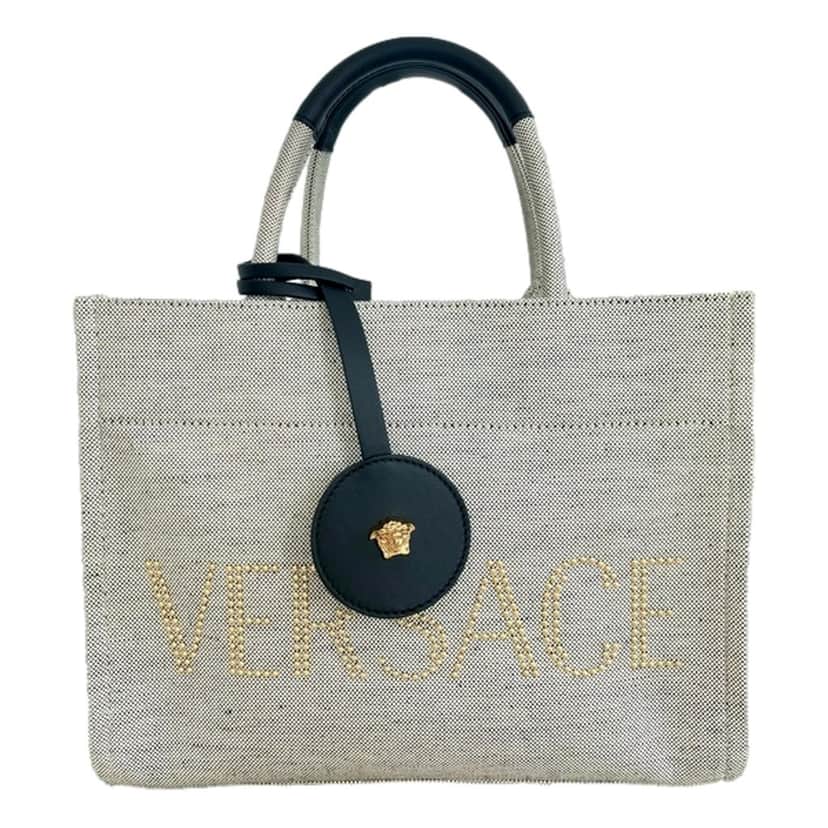 Versace Versace Studded Logo Mini Tote Ecru Canvas Crossbody Bag Gold Hardware Other Leather Never worn - Front View