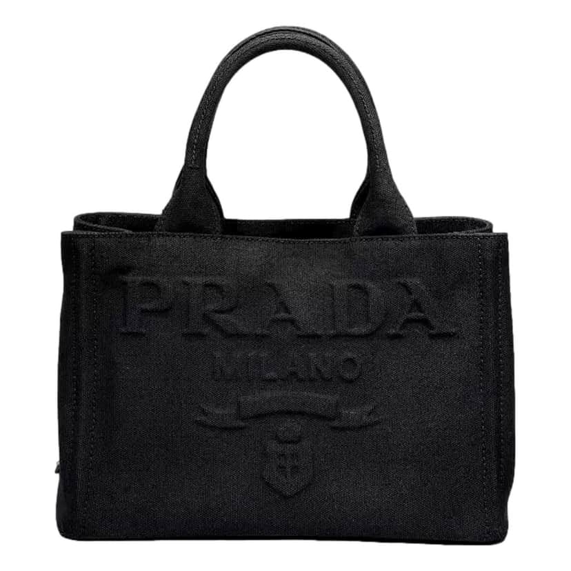 Prada Prada Canapa Tote Handbag Canvas Embossed Lettering Logo Fabric Black Black Canvas Never worn - Front View