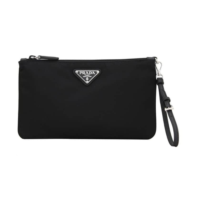 Prada Prada Tessuto Nylon Black Triangle Logo Wristlet Clutch Pouch Bag Black Leather Never worn - Front View
