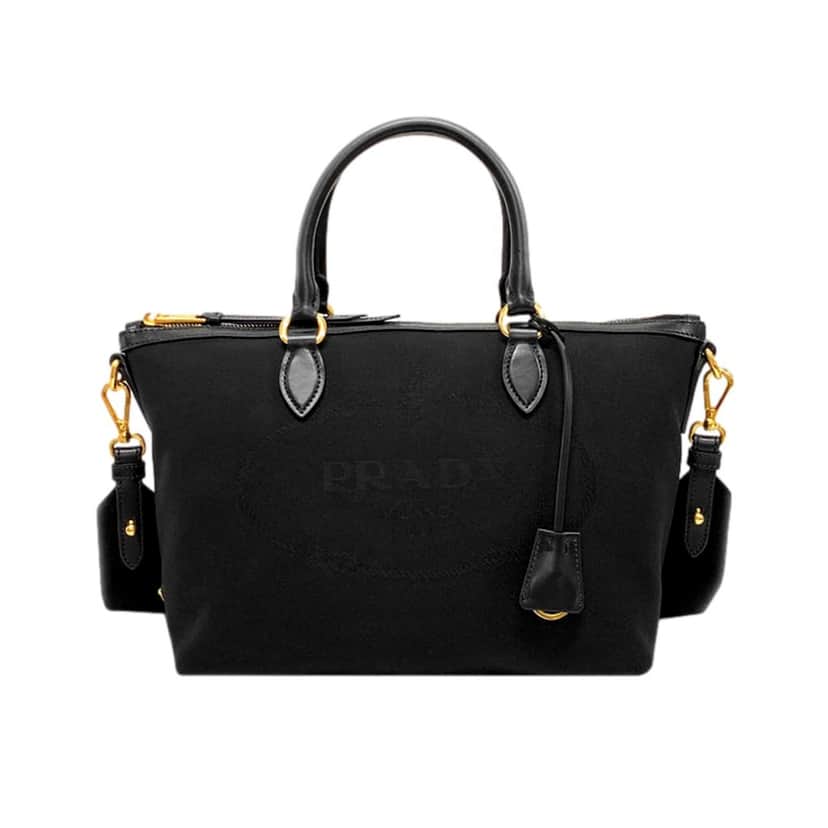 Prada Prada Logo Jacquard Black Canvas Satchel Crossbody Bag Gold Hardware Black Leather Never worn - Front View