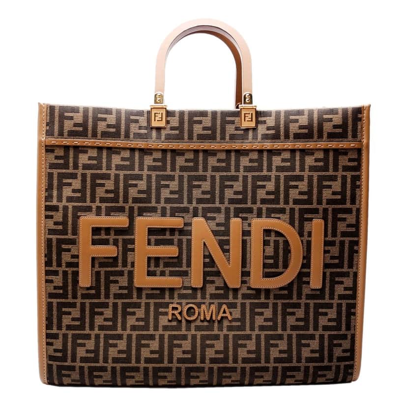 Fendi Fendi Sunshine Large Zucca Jacquard Canvas and Brown Leather Top Handle Tote Bag Brown Leather Never worn - Front View