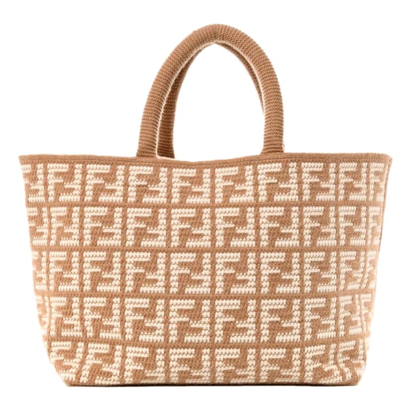 Fendi Fendi FF Cammello Large Shopper Tote Beige Knitted Cashmere Bag Brown Wool Never worn - Front View