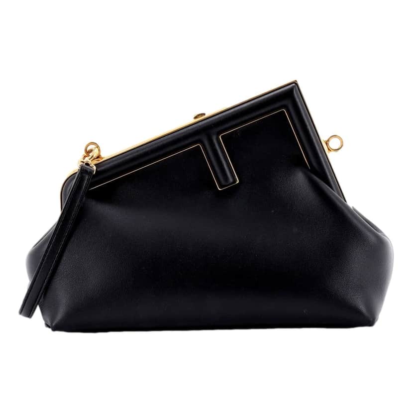 Fendi Fendi First Midi Nappa Leather Clutch Crossbody Bag Nero Black Gold FF Logo Black Leather Never worn - Front View