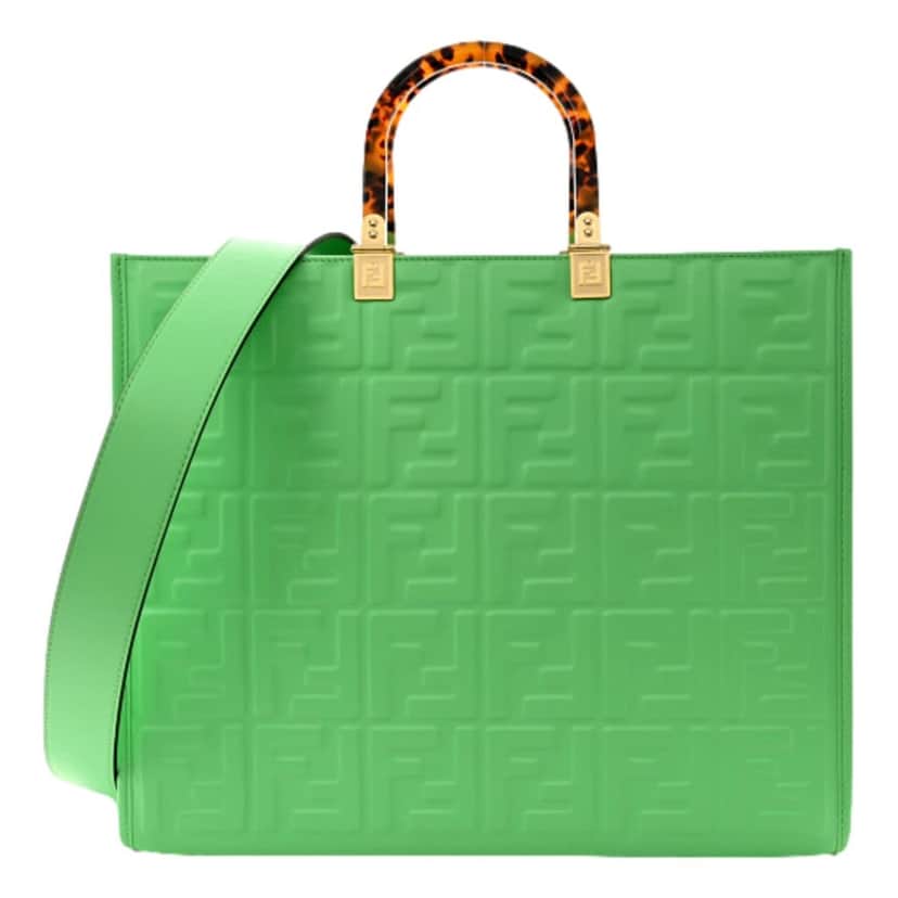 Fendi Fendi Sunshine Medium Plexi FF Embossed Leather Tote Edamame Green Green Leather Never worn - Front View