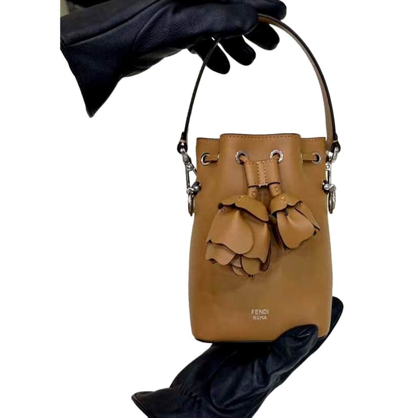 Fendi FENDI Calfskin F is 3D Flower Mini Mon Tresor Bucket Bag Brown Tan Brown Leather Never worn - Front View