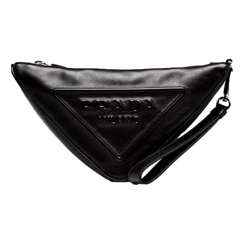 Prada Prada Grace Triangle Leather Pouch Clutch Bag with Embossed Logo Nero Black Black Leather Never worn - Front View