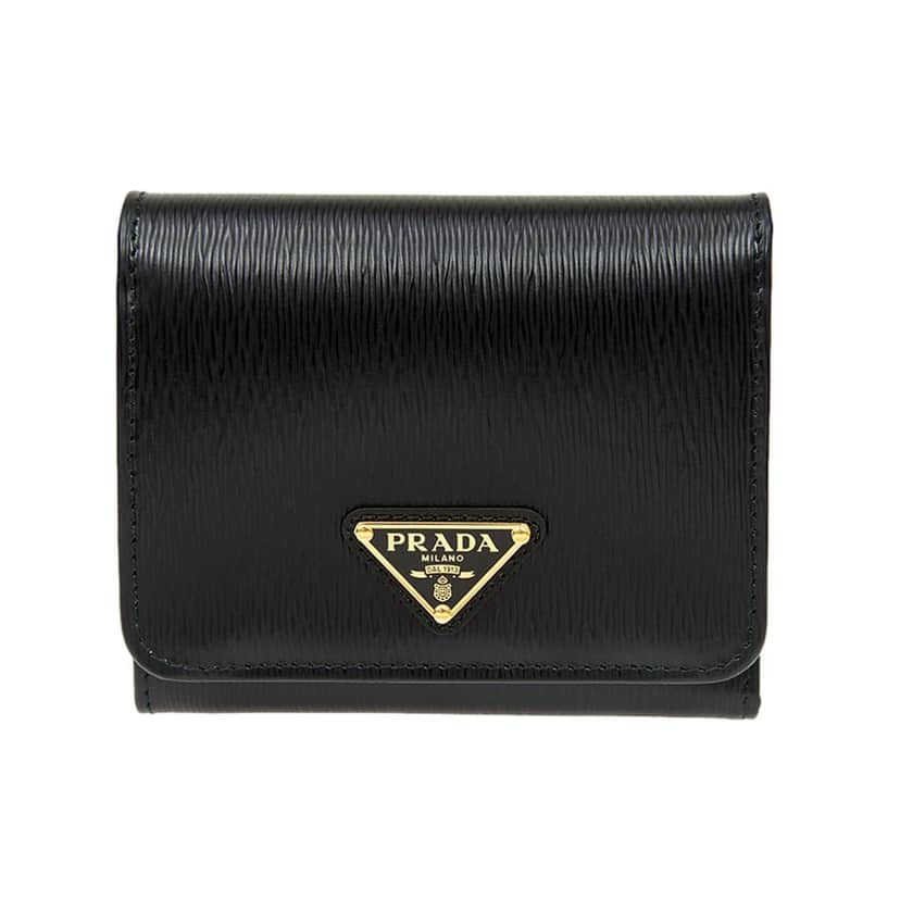 Prada Prada Vitello Move Trifold Compact Wallet Black Leather Triangle Plaque Black Leather Never worn - Front View