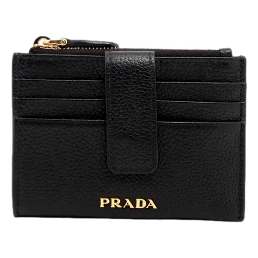 Prada Prada Womens Vitello Grain Nero Black Leather Zip Top Card Wallet Black Leather Never worn - Front View
