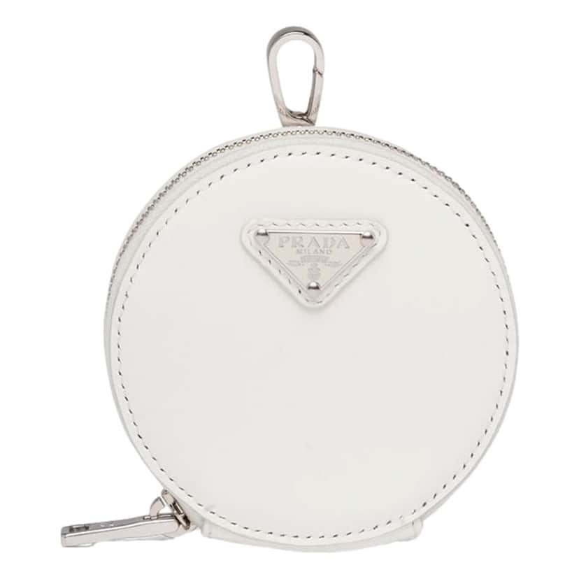 Prada Prada Triangle Plaque Smooth White Leather Round Mini Pouch Keychain White Leather Never worn - Front View
