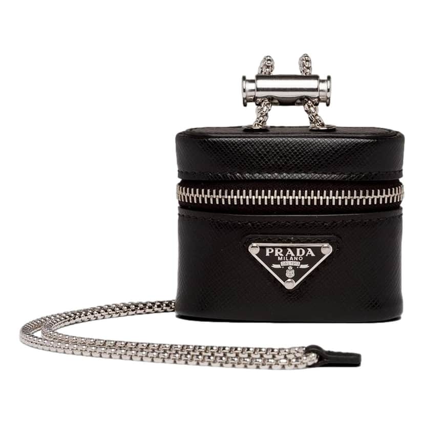 Prada Prada Triangle Saffiano Black Leather Mini Airpods Case with Chain Black Leather Never worn - Front View