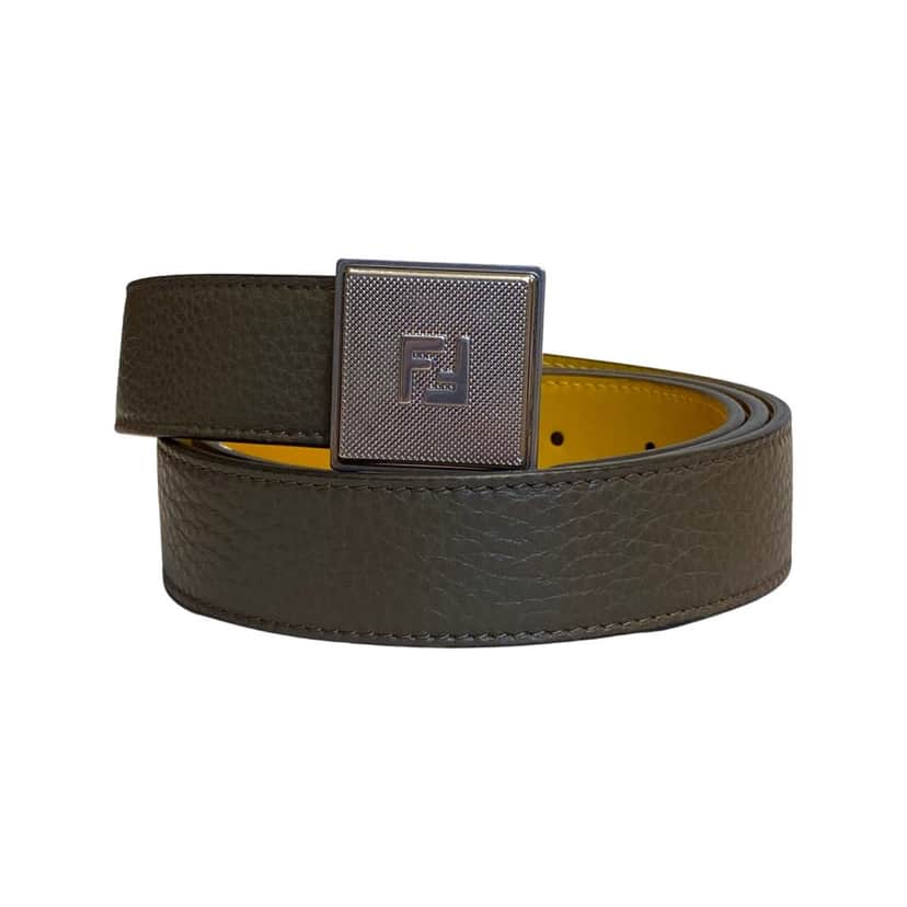 Fendi Fendi Mens Yellow Brown Reversible Grained Leather Belt 95 Black Leather Never worn - Front View