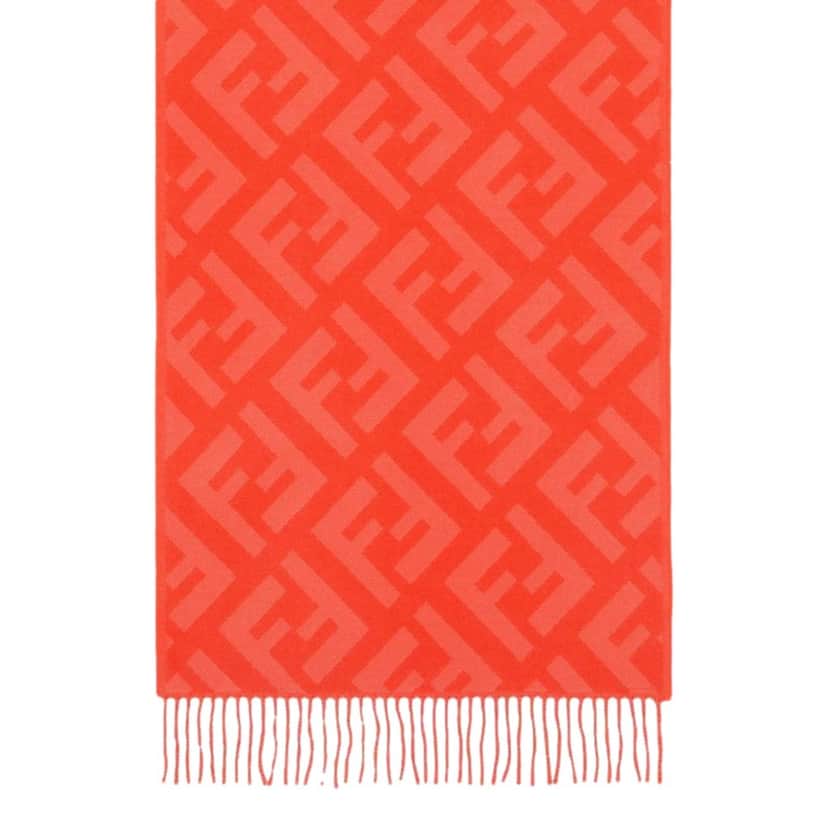 Fendi Fendi FF Print Tulip Woven Cashmere Fringe Scarf Red Wool Never worn - Front View