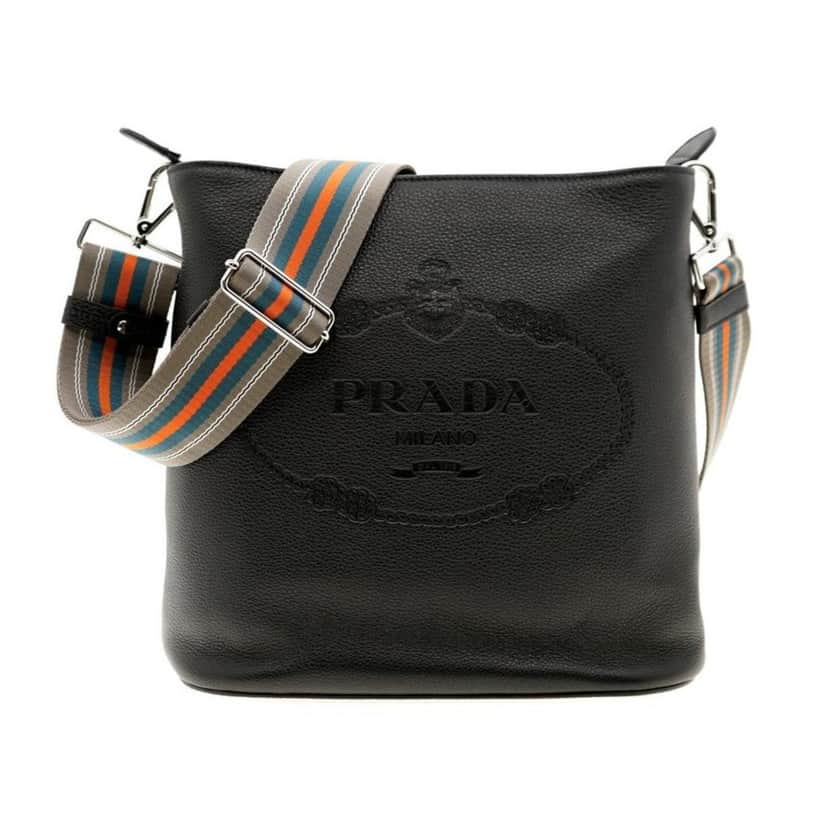Prada Prada Vitello Phenix Black Leather Web Strap Crossbody Bucket Bag Black Leather Never worn - Front View