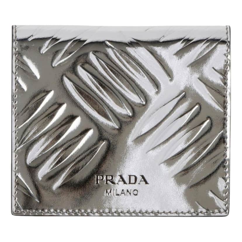 Prada Prada Spazzolato Foldover Card Wallet Metallic Silver Embossed Leather Silver Leather Never worn - Front View