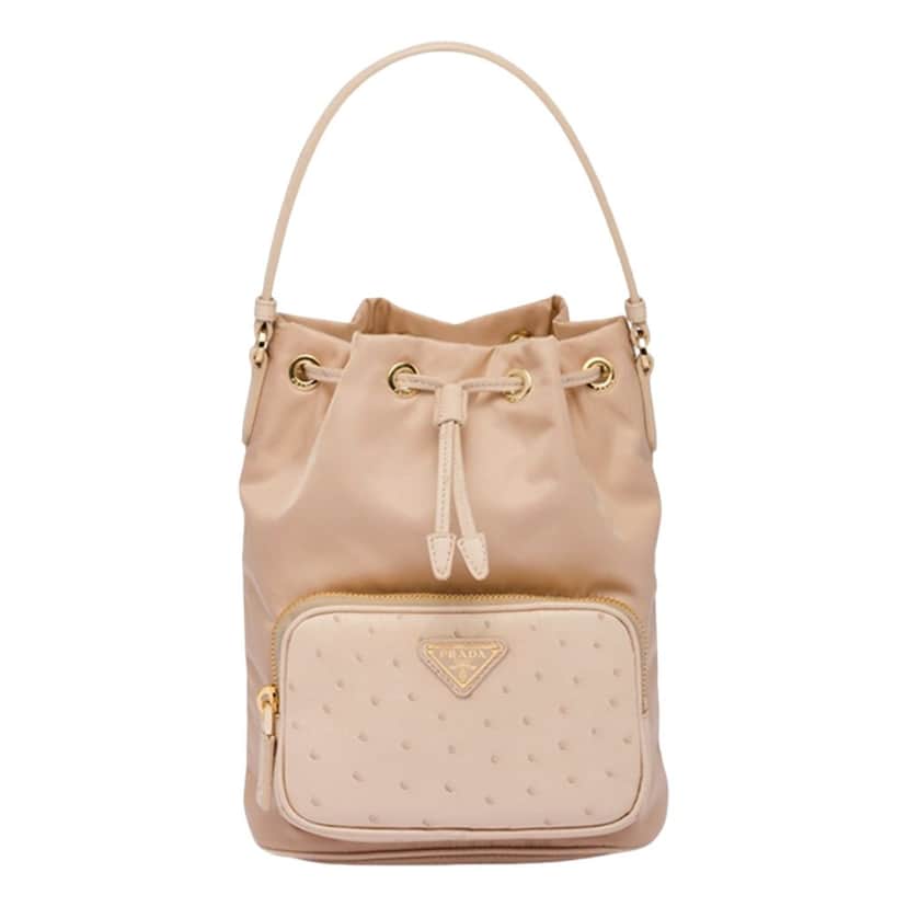 Prada Prada Duet Tessuto Nylon and Ostrich Leather Bucket Bag in Cammeo Beige Brown Leather Never worn - Front View