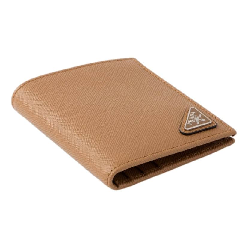 Prada Prada Caramel Saffiano Leather Silver Triangle Logo Bifold Card Holder Wallet Beige Leather Never worn - Front View