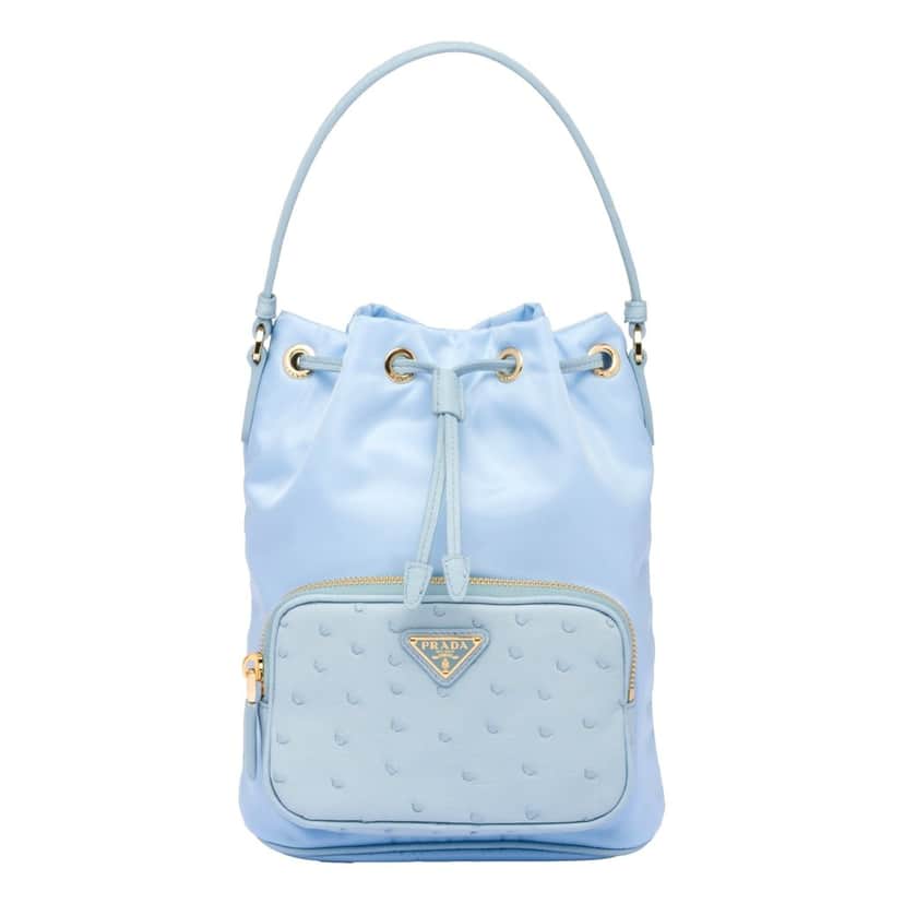 Prada Prada Duet Tessuto Nylon Ostrich Leather Cielo Blue Bucket Bag Blue Leather Never worn - Front View