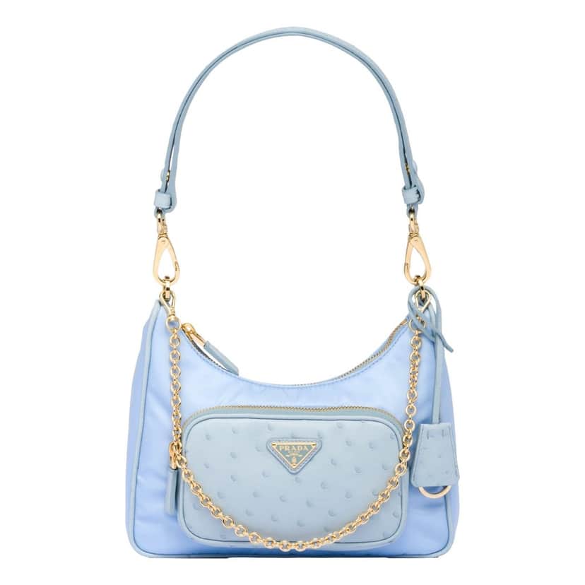 Prada Prada 2Way Tessuto Nylon and Ostrich Leather Shoulder Handbag in Cielo Blue Blue Leather Never worn - Front View