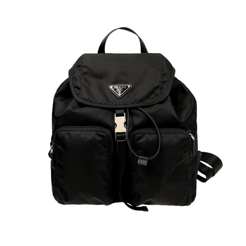 Prada Prada Re-Nylon and Saffiano Leather Trim Medium Drawstring Rucksack Backpack in Black Black Leather Never worn - Front View