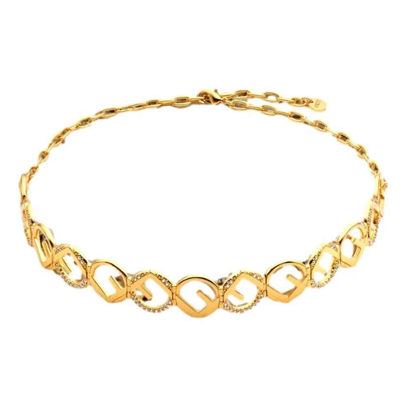 Fendi Fendi F is Fendi Logo Choker Necklace White Crystal Gold Metal Chain Gold Lace Never worn - Front View