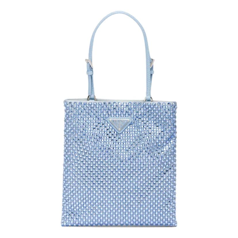 Prada Prada Mini Satin Crystal Embellished Double Handle Crossbody Handbag Light Blue Blue Satin Never worn - Front View