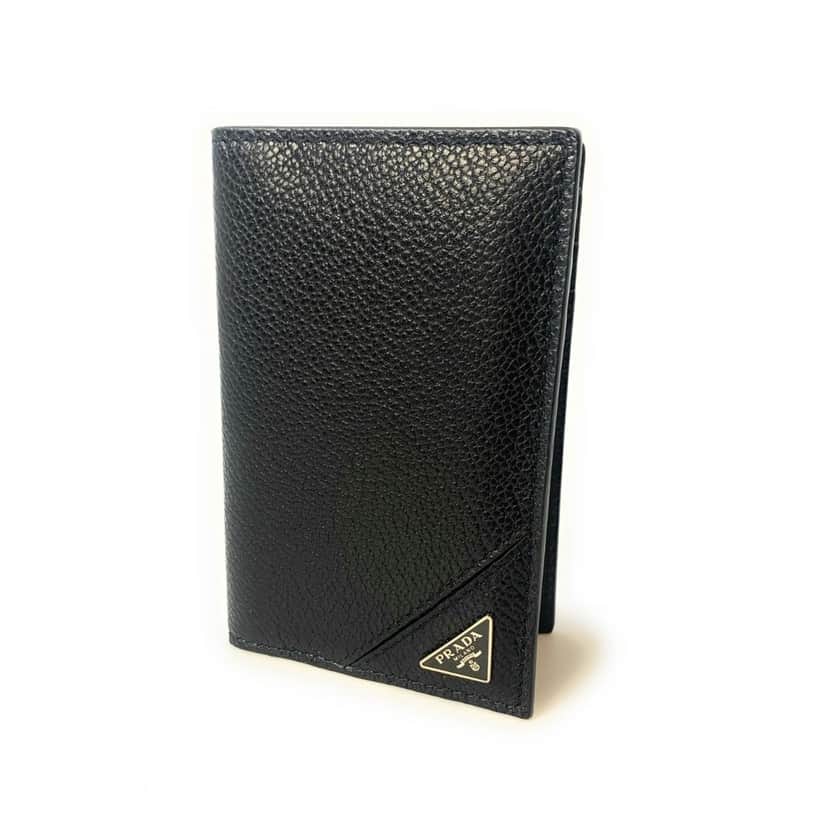 Prada Prada Vitello Grain Black Leather Triangle Logo Vertical Bifold Wallet Black Leather Never worn - Front View